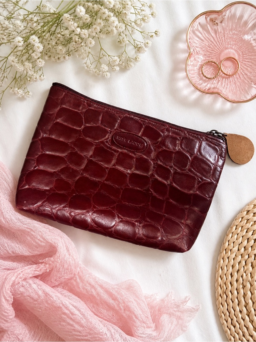 Estée Lauder Burgundy Croc Embossed Cosmetic Bag Clutch Makeup Pouch